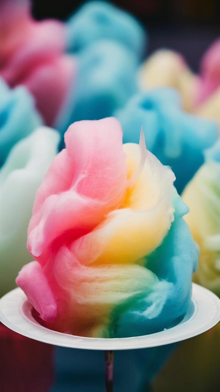 Foto el algodón de caramelo es un enfoque selectivo multicolor