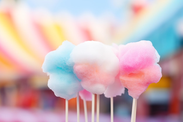 El algodón caramelo multicolor en palos de madera El fondo del carnaval