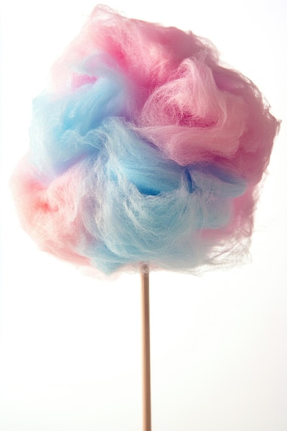 El algodón caramelo en un palo esponjoso y colorido aislado sobre un fondo blanco