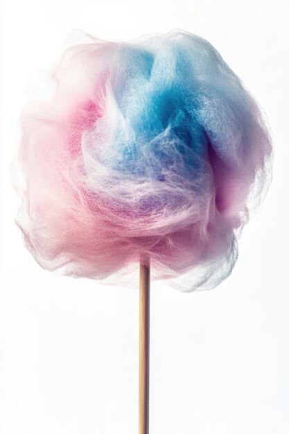 El algodón caramelo en un palo esponjoso y colorido aislado sobre un fondo blanco