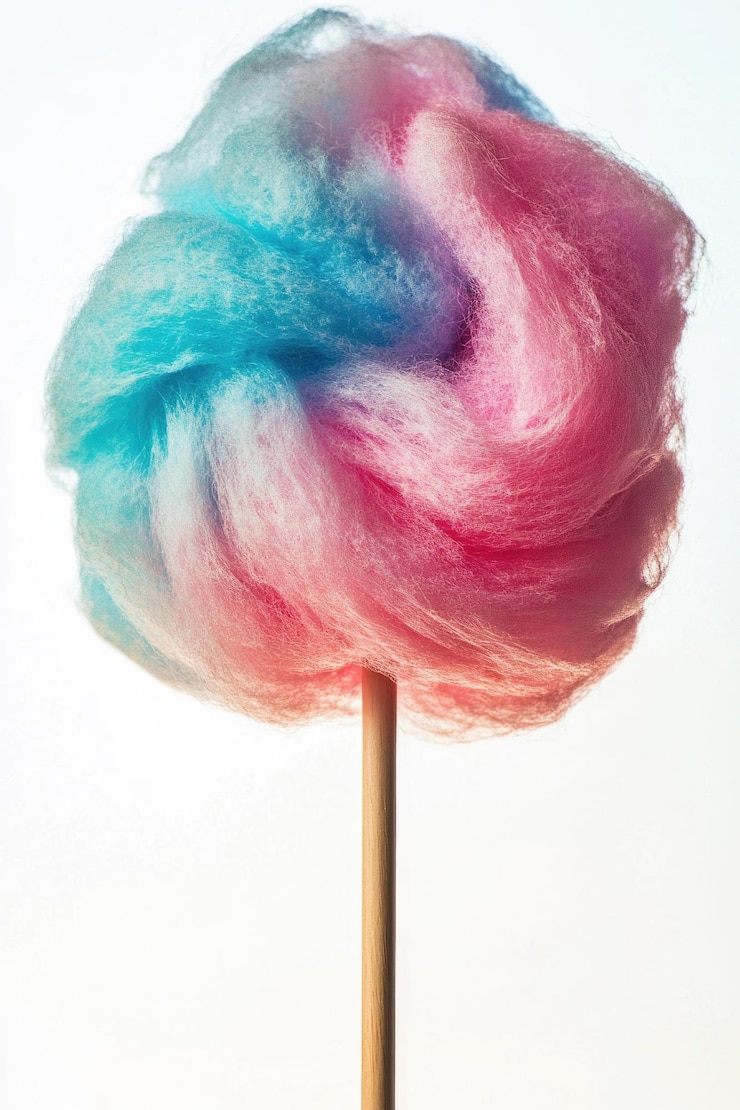 Foto el algodón caramelo en un palo esponjoso y colorido aislado sobre un fondo blanco