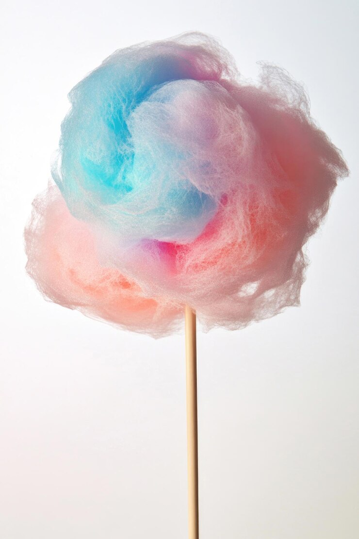 Foto el algodón caramelo en un palo esponjoso y colorido aislado sobre un fondo blanco