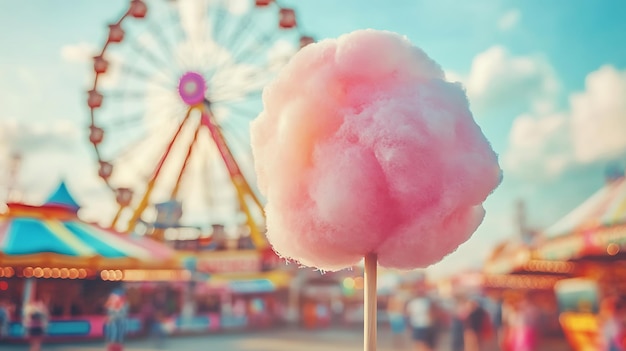 El algodón caramelo rosa contra el fondo de la rueda de la ferris