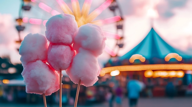 El algodón caramelo rosa contra el fondo de la rueda de la ferris