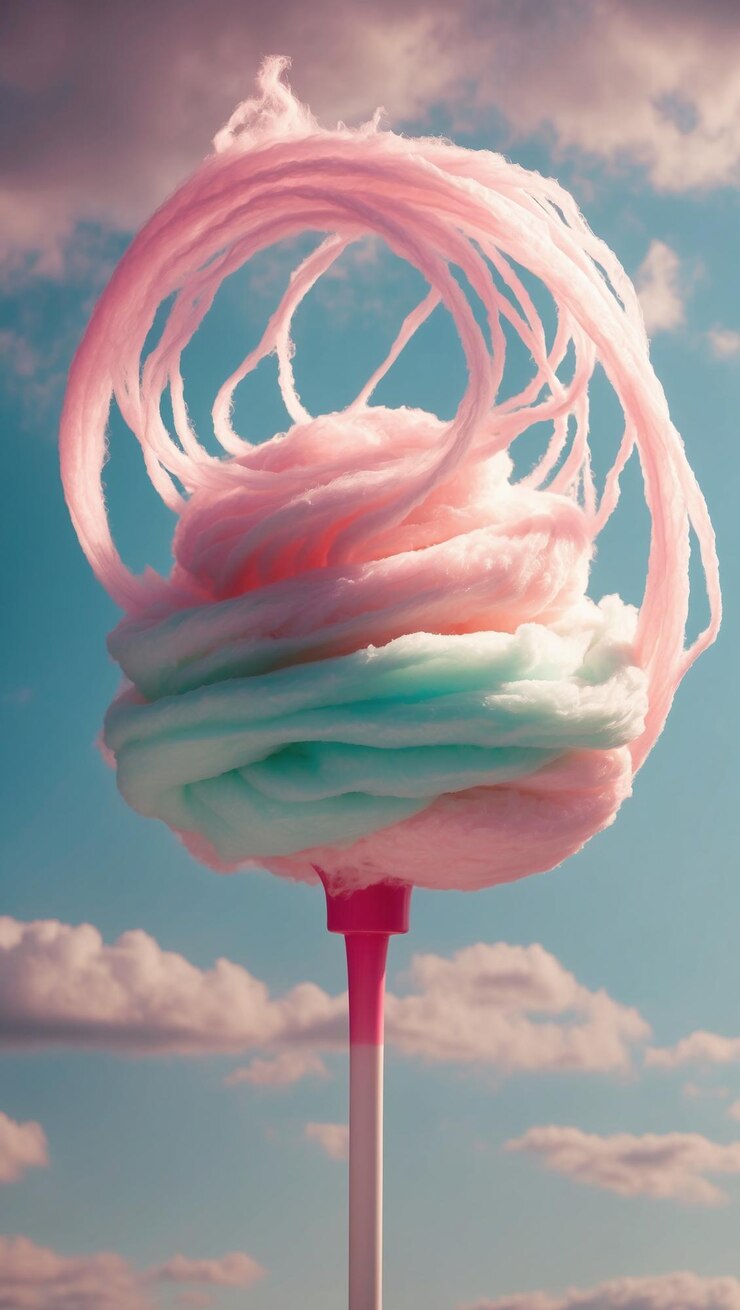 Foto el algodón dulce fresco se gira en una nube de azúcar en una máquina de feria callejera