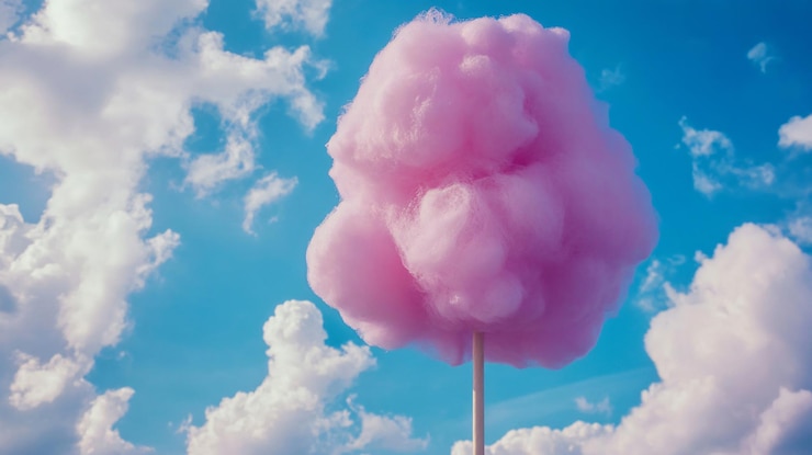 Foto el algodón dulce púrpura vibrante contra el cielo azul con nubes