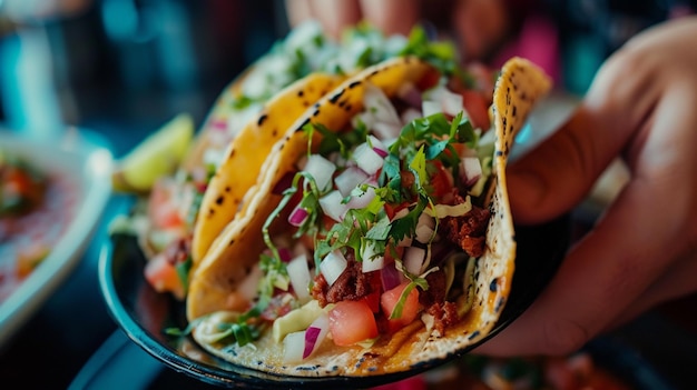 Alguém a comer um taco mexicano.