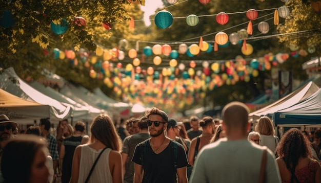 Alguém curtindo um festival de verão com multidões de pessoas e decorações coloridas Generative AI