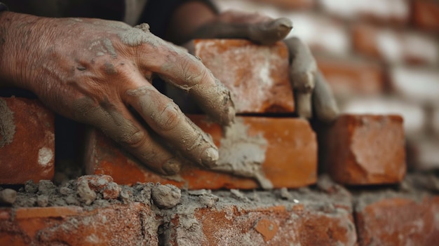 alguém está construindo uma parede de tijolos com um bloco de cimento