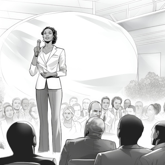 Alguém está falando na frente de um público ilustração em preto e branco Imagem gerada por IA