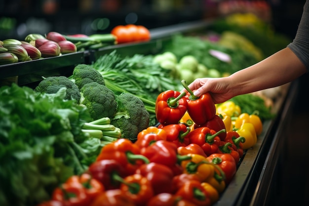 alguém está pegando um pimentão vermelho em uma exibição de vegetais geradores de IA