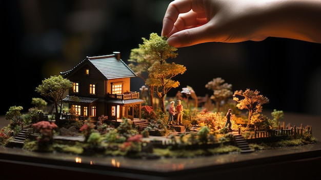 alguém está segurando um modelo em miniatura de uma casa em uma mesa