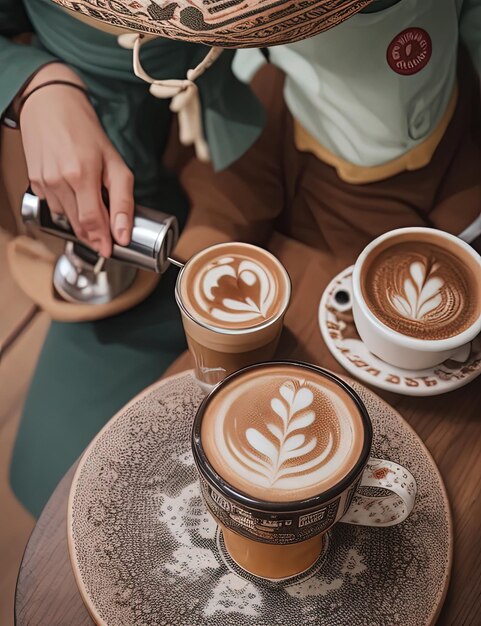 alguém está servindo uma xícara de café em uma mesa com duas xícaras de café