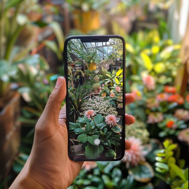alguém está tirando uma foto de um jardim com um telefone generativo ai