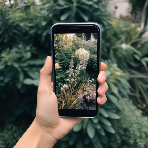 alguém está tirando uma foto de uma planta com um telefone celular