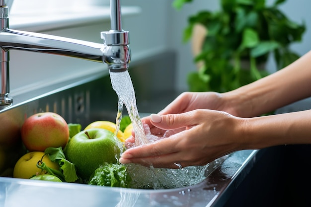 alguém lavando as mãos debaixo da torneira de uma pia de cozinha IA generativa