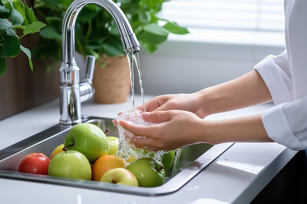 alguém lavando as mãos em uma pia com muita água gera IA