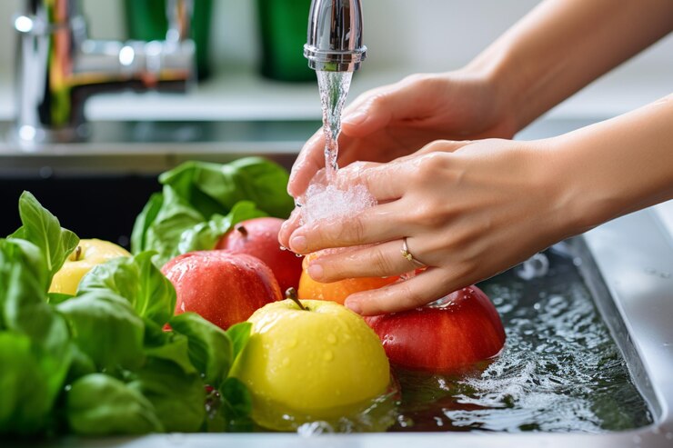 Foto alguém lavando as mãos em uma pia com muitos vegetais gera ia