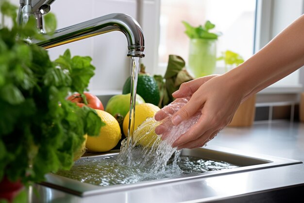 alguém lavando as mãos em uma pia de cozinha com muita água gera IA