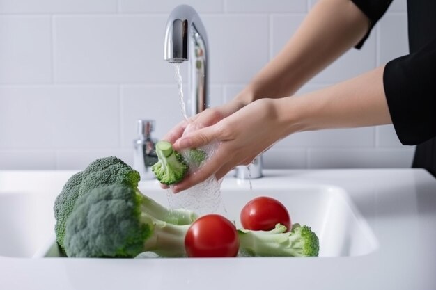 alguém lavando vegetais em uma pia com torneira e tomates gera IA