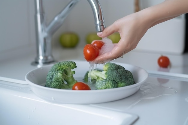 alguém lavando vegetais em uma tigela com uma torneira e uma torneira generativa ai