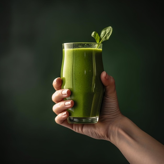 Alguém segurando um copo de smoothie verde com um galho de menta generativa ai