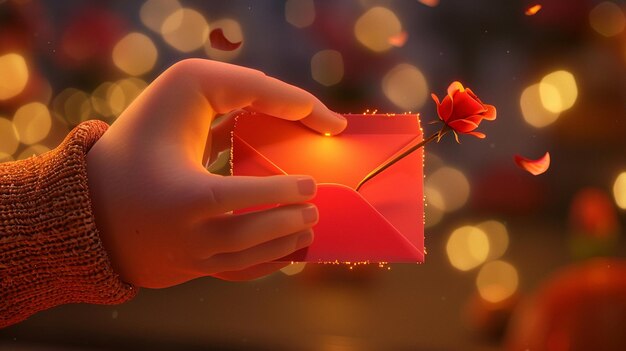 alguém segurando um envelope vermelho com uma flor nele