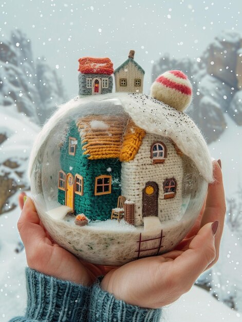 Foto alguém segurando um globo de neve com uma casa dentro dele