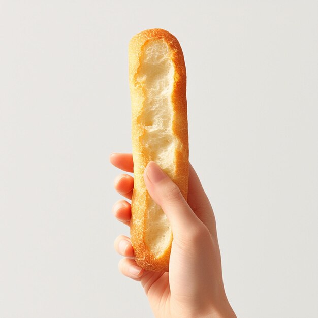 alguém segurando um pedaço de pão na mão contra um fundo branco