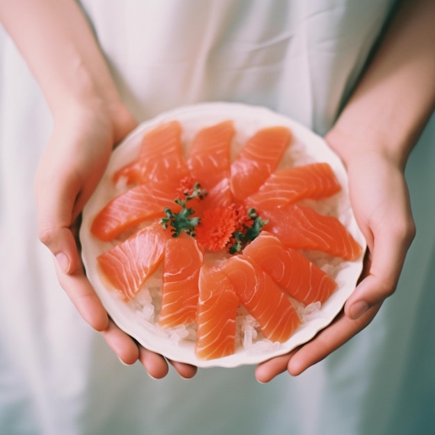 Alguém segurando um prato de fatias de salmão com um morango na parte superior ai generativo