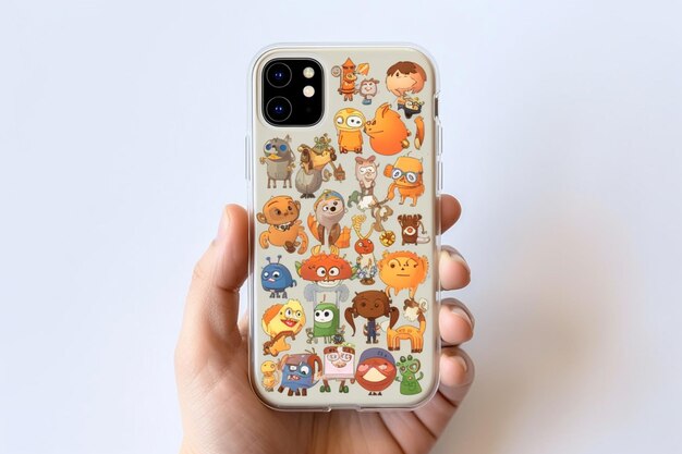 Alguém segurando um telefone com um padrão de animais de desenho animado nele