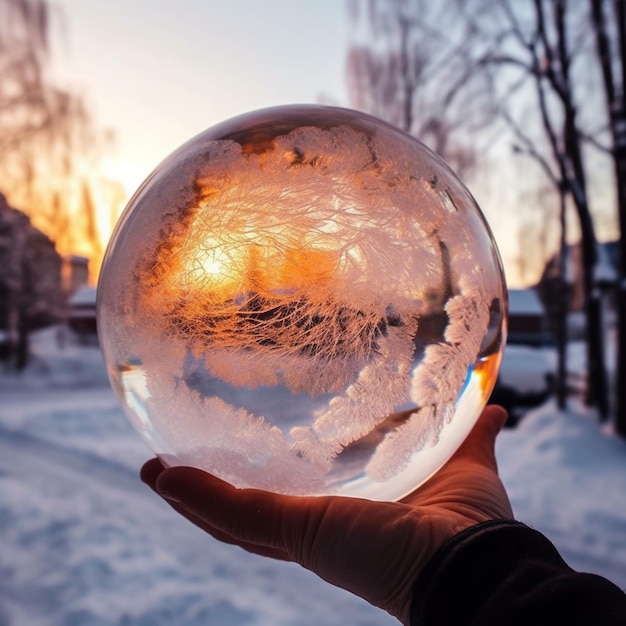 Alguém segurando uma bola de cristal na mão na neve generativa ai