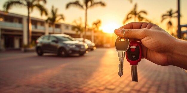 Foto alguém segurando uma chave de carro na mão em uma rua generativa ai