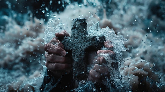 alguém segurando uma cruz na água com as mãos generativo ai
