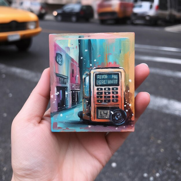 Foto alguém segurando uma pequena pintura de uma calculadora em uma cidade generativa ai