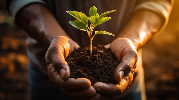 Alguém segurando uma pequena planta em suas mãos com sujeira generativa ai