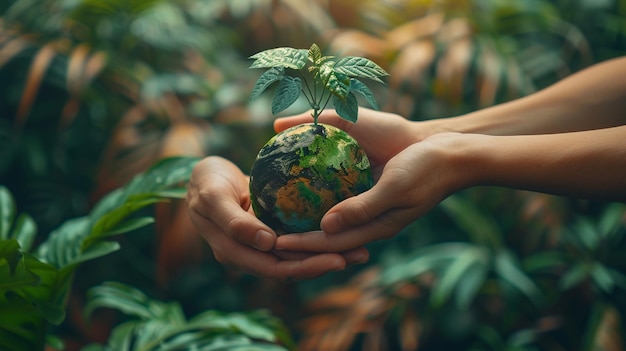 alguém segurando uma pequena planta em suas mãos em um jardim generativo ai