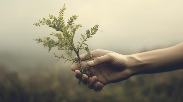 alguém segurando uma planta na mão com um céu nublado ao fundo IA generativa