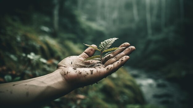 alguém segurando uma planta na mão em frente a uma cachoeira generativa ai