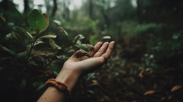 alguém segurando uma planta na mão em uma floresta generativa ai