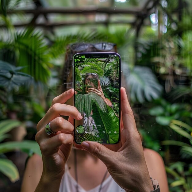 Alguém tirando uma foto de uma mulher numa selva com um telefone.