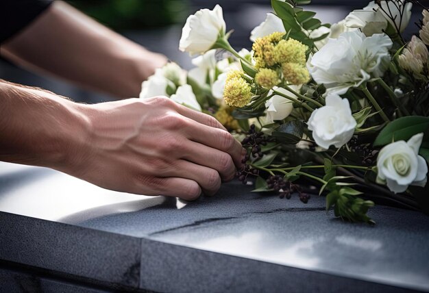 Foto alguien colocando una flor en la parte superior de una lápida en el estilo de gesto