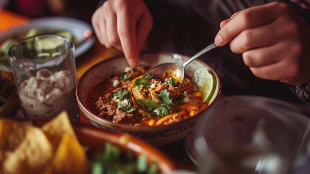 alguien comiendo un Pozole mexicano