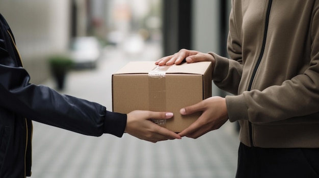 Alguien entregando una caja a otra persona en la calle generativo ai