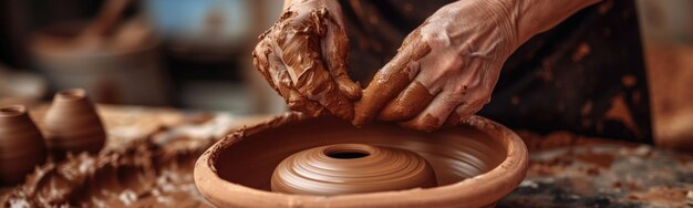 Alguien está haciendo una olla de arcilla con las manos de un alfarero