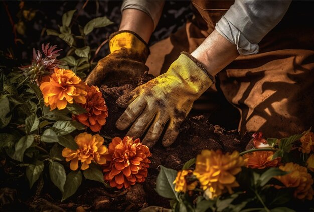 Alguien está plantando flores en un jardín con guantes en la IA generativa