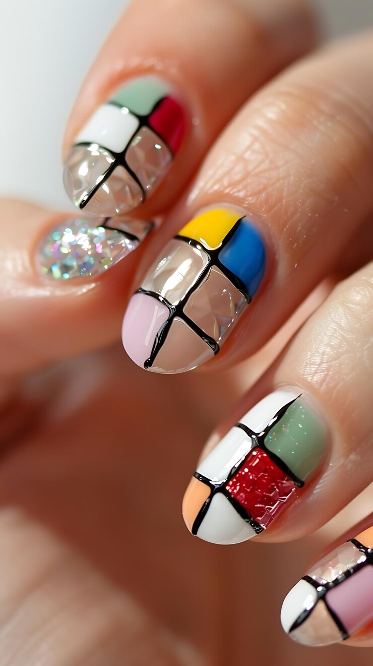 Foto alguien está sosteniendo un manicure con un diseño colorido en él