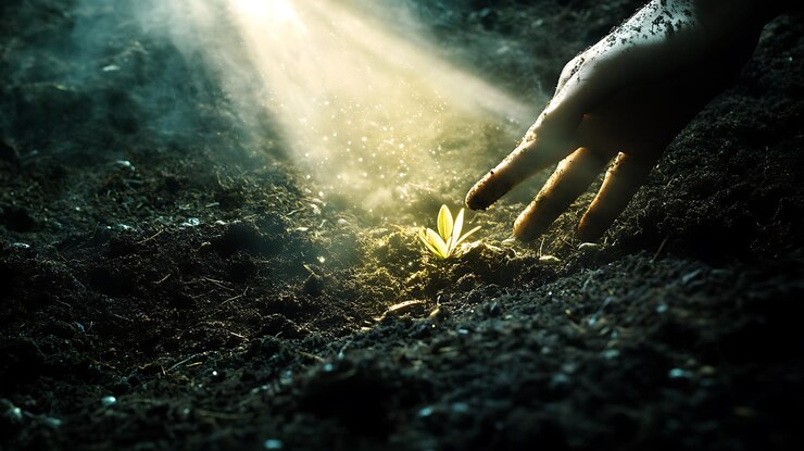 alguien está sosteniendo una pequeña planta en la tierra con la luz del sol entrando