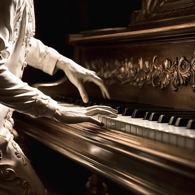 Alguien está tocando un piano en una habitación oscura con una luz en ai generativa