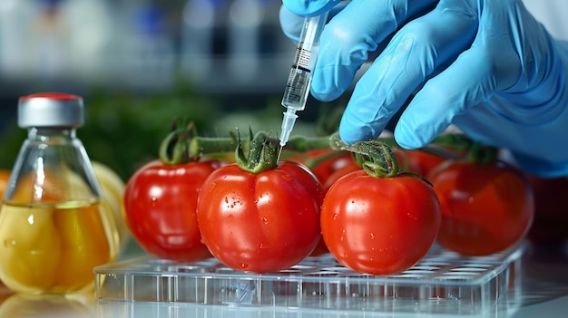 alguien con guantes azules está preparando un montón de tomates generativo ai